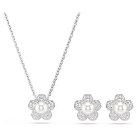 Ariana Grande X Swarovski Σετ με κρυστάλλινα μαργαριτάρια, στρογγυλή κοπή, λουλούδι, λευκό, επιροδιωμένο