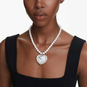 Κολιέ Ariana Grande X Swarovski με κρυστάλλινο μαργαριτάρι, κοπή καρδιάς, καρδιά, λευκό, επιροδιωμένο