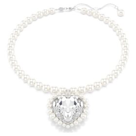 Κολιέ Ariana Grande X Swarovski με κρυστάλλινο μαργαριτάρι, κοπή καρδιάς, καρδιά, λευκό, επιροδιωμένο