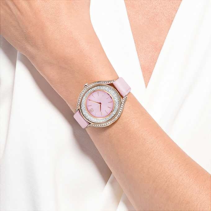 Ρολόι Crystalline Aura Swiss Made, δερμάτινο λουράκι, ροζ, φινίρισμα σε απόχρωση ροζ χρυσού Ρολόι Crystalline Aura Swiss Made, δερμάτινο λουράκι, ροζ, φινίρισμα σε απόχρωση ροζ χρυσού