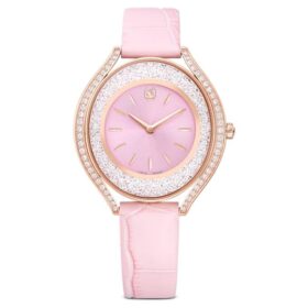 Ρολόι Crystalline Aura Swiss Made, δερμάτινο λουράκι, ροζ, φινίρισμα σε απόχρωση ροζ χρυσού
