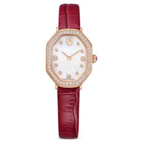 Ρολόι Dextera Octagon Swiss Made, δερμάτινο λουράκι, κόκκινο, φινίρισμα σε απόχρωση ροζ χρυσού
