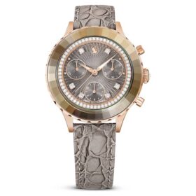 Ρολόι Octea Chrono Swiss Made, δερμάτινο λουράκι, γκρι, φινίρισμα σε απόχρωση ροζ χρυσού