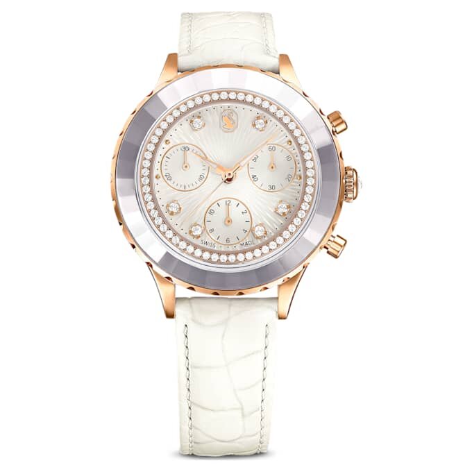 Ρολόι Octea Chrono Swiss Made, δερμάτινο λουράκι, λευκό, φινίρισμα σε απόχρωση ροζ χρυσού Ρολόι Octea Chrono Swiss Made, δερμάτινο λουράκι, λευκό, φινίρισμα σε απόχρωση ροζ χρυσού