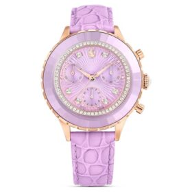 Ρολόι Octea Chrono Swiss Made, δερμάτινο λουράκι, μωβ, φινίρισμα σε απόχρωση ροζ χρυσού
