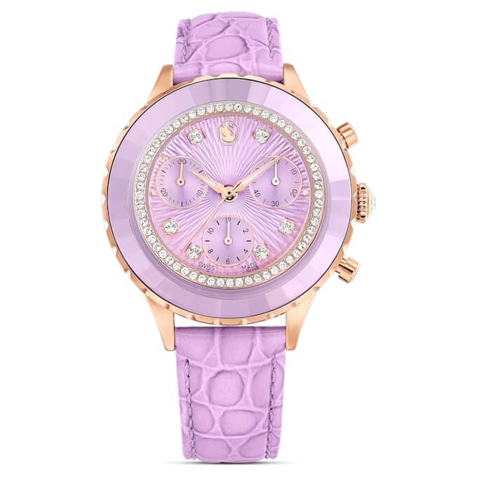 Ρολόι Octea Chrono Swiss Made, δερμάτινο λουράκι, μωβ, φινίρισμα σε απόχρωση ροζ χρυσού Ρολόι Octea Chrono Swiss Made, δερμάτινο λουράκι, μωβ, φινίρισμα σε απόχρωση ροζ χρυσού