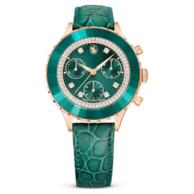 Ρολόι Octea Chrono Swiss Made, δερμάτινο λουράκι, πράσινο, φινίρισμα σε απόχρωση ροζ χρυσού