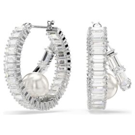 Σκουλαρίκια κρίκοι Ariana Grande X Swarovski με κρυστάλλινα μαργαριτάρια, κοπή μπαγκέ, λευκά, επιχρυσωμένα με ρόδιο