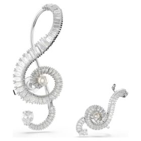 Σκουλαρίκια με κλιπ Ariana Grande X Swarovski, ασύμμετρο σχέδιο, κρυστάλλινη πέρλα, κοπή μπαγκέτ, λευκό, επιμεταλλωμένα με ρόδιο